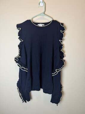 Oscar de la Renta Sweater Size XL/TG Navy Ruffle Virgin Wool Knit